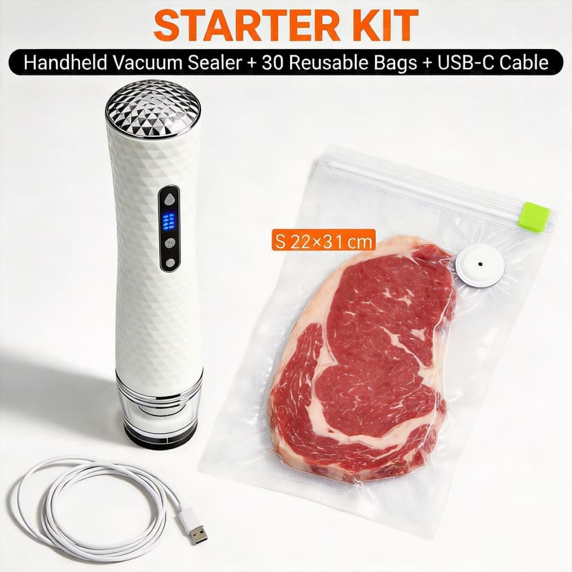FreshLock Starter Kit — FreshLock Pro + 30 BPA-free vacuum zipper bags in 3 sizes — everything to get started sealing today.