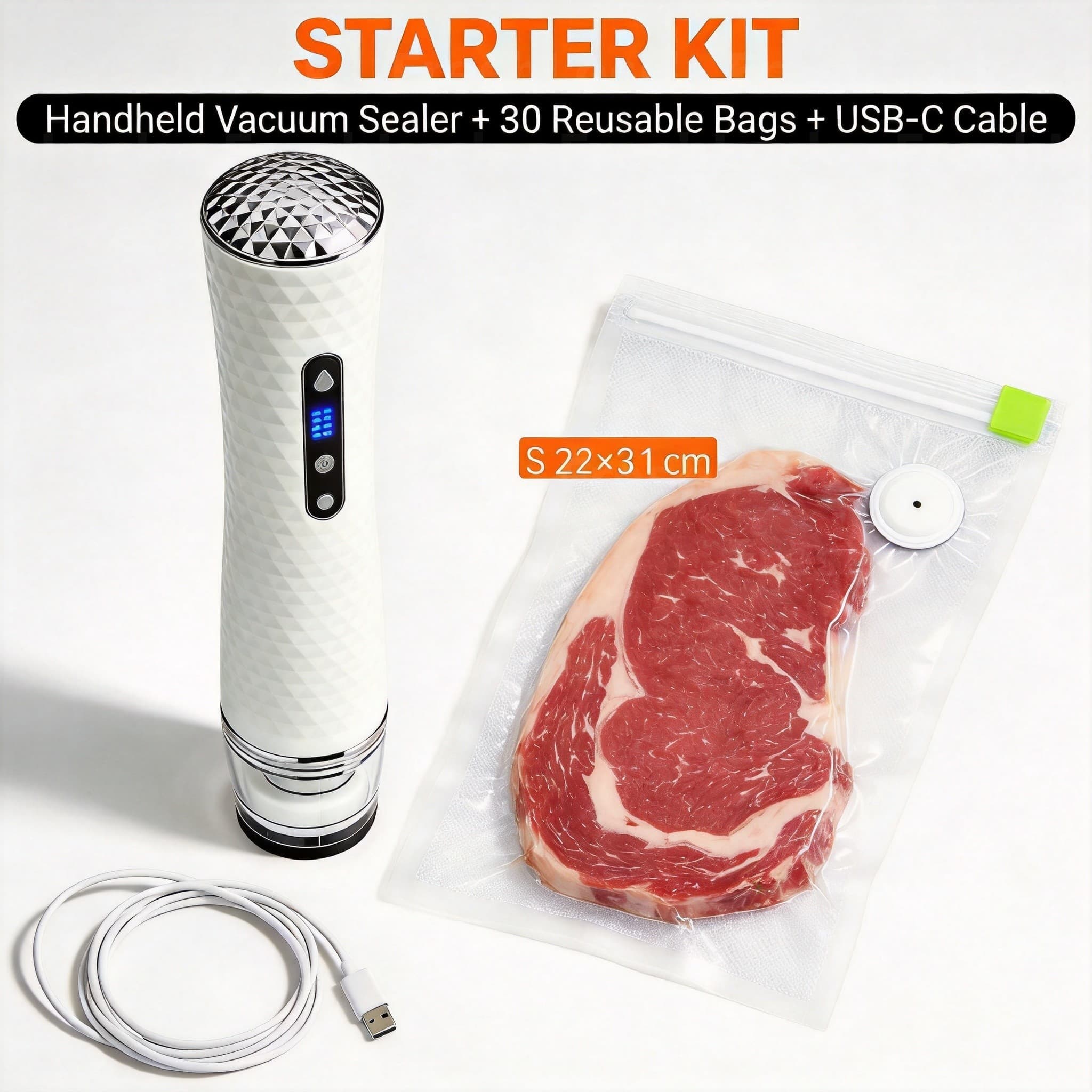 FreshLock Starter Kit — FreshLock Pro + 30 BPA-free vacuum zipper bags in 3 sizes — everything to get started sealing today.